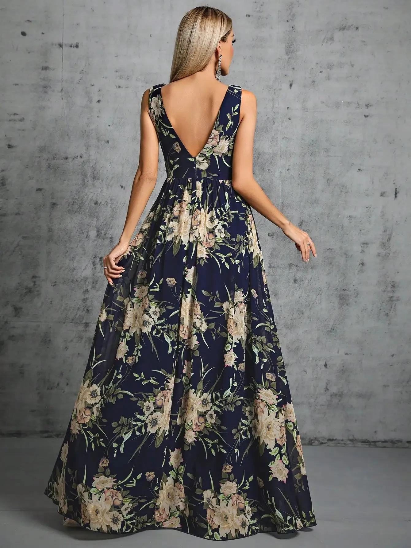 Navy Floral Print Chiffon Sequin Waist Party Dress 